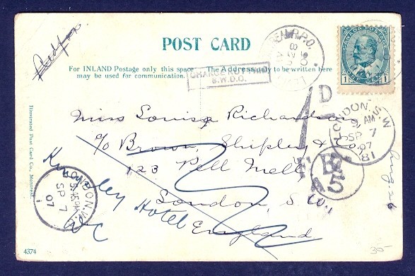 CANADA 1907 #89 ON PPC TO UK SHORT PAID & REDIRECT