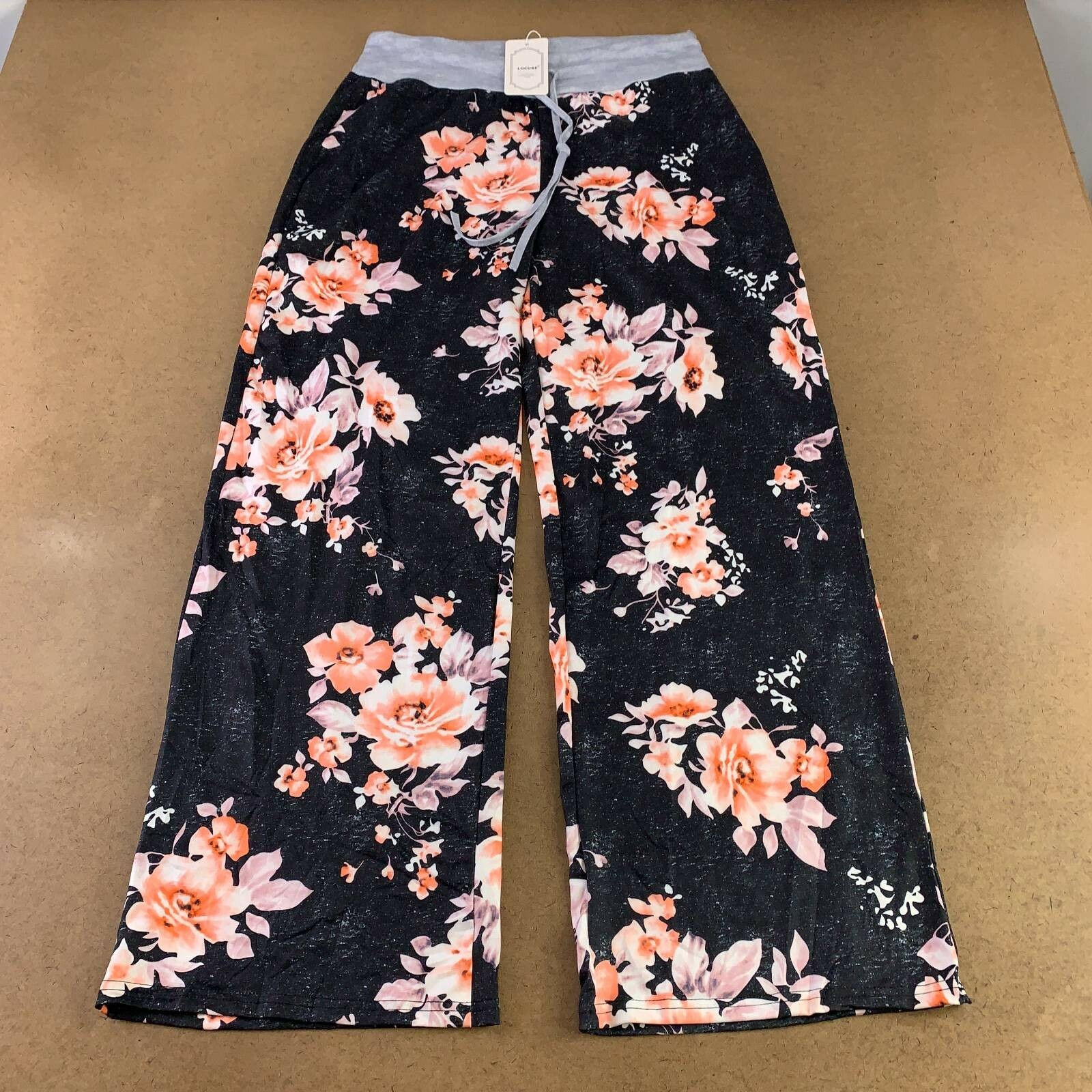 Locube Womens Palazzo Pants Black Coral Floral Flat Front Drawstring XL New