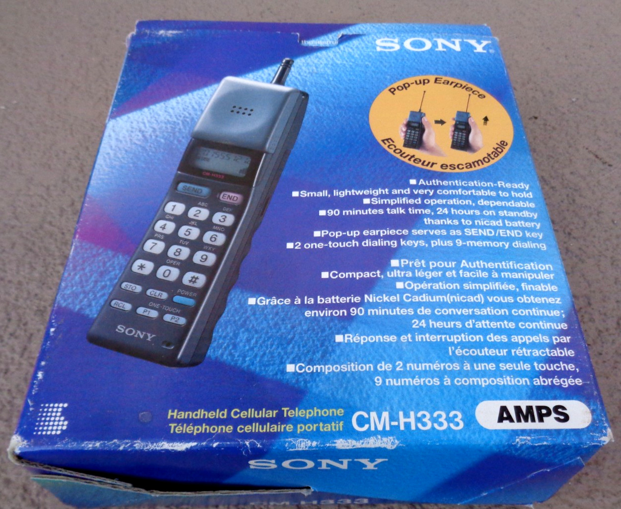 1993 SONY CM-H333 "MARS BAR" CELLULAR PHONE IN BOX WITH ACCESSORIES AS IS