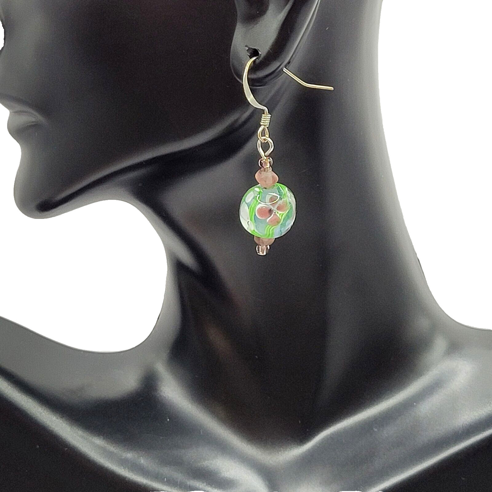 Art Glass Earrings Venetian Style Greens Mauve Blues Pierced Hook Silver Tone