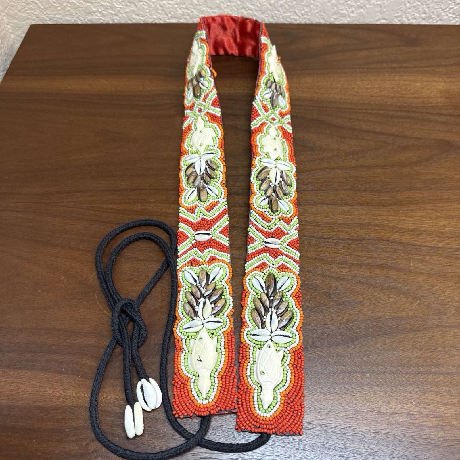 African Yoruba Tribe Beaded Belt Sash Orange Sea Shells Colourful Tie Waist