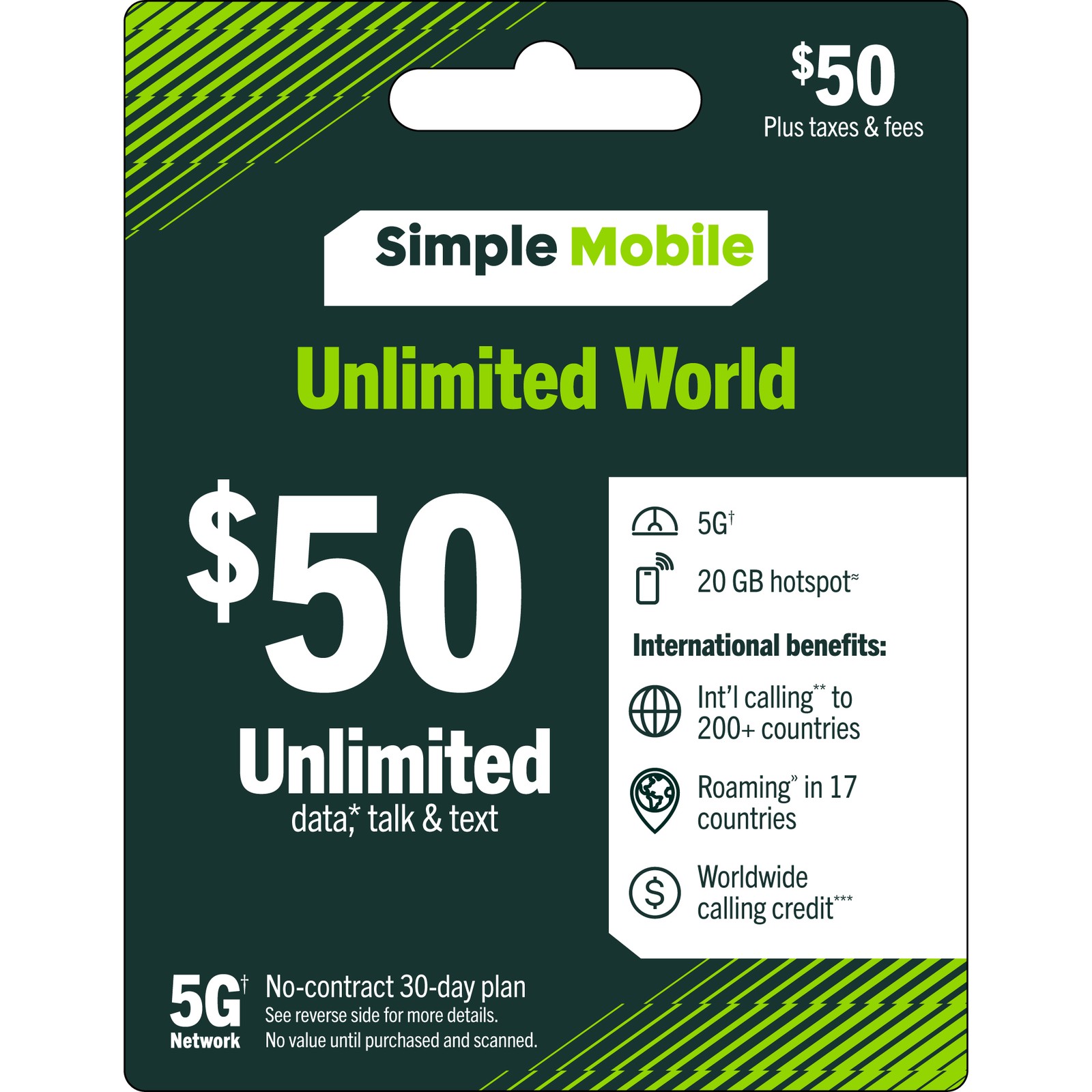 Simple Mobile $50 Prepaid 30-Day Unlimited Plan: Truly Unlimited 5G Data w/