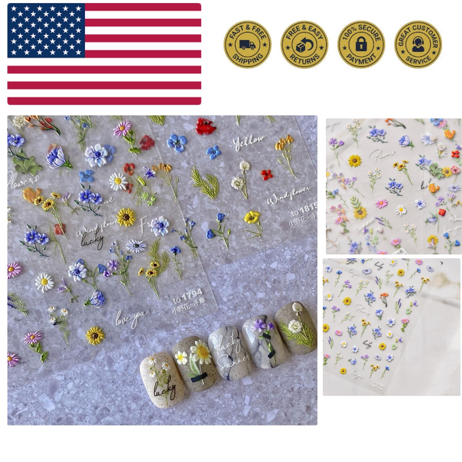 Flower Nail Art Stickers Decals 5D Flowers Nail Stickers Summer Daisy Sunflow...