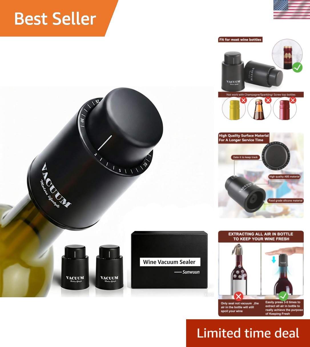 2 PACK] Wine Bottle Stoppers,Real Vacuum Stoppers,Reusable Wine Preserver,Win...