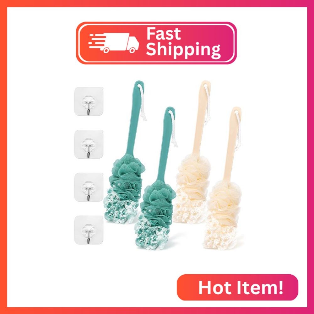 4Pack Back Scrubber for Shower Loofah with Long Handle, Shower Brush for Body, 1