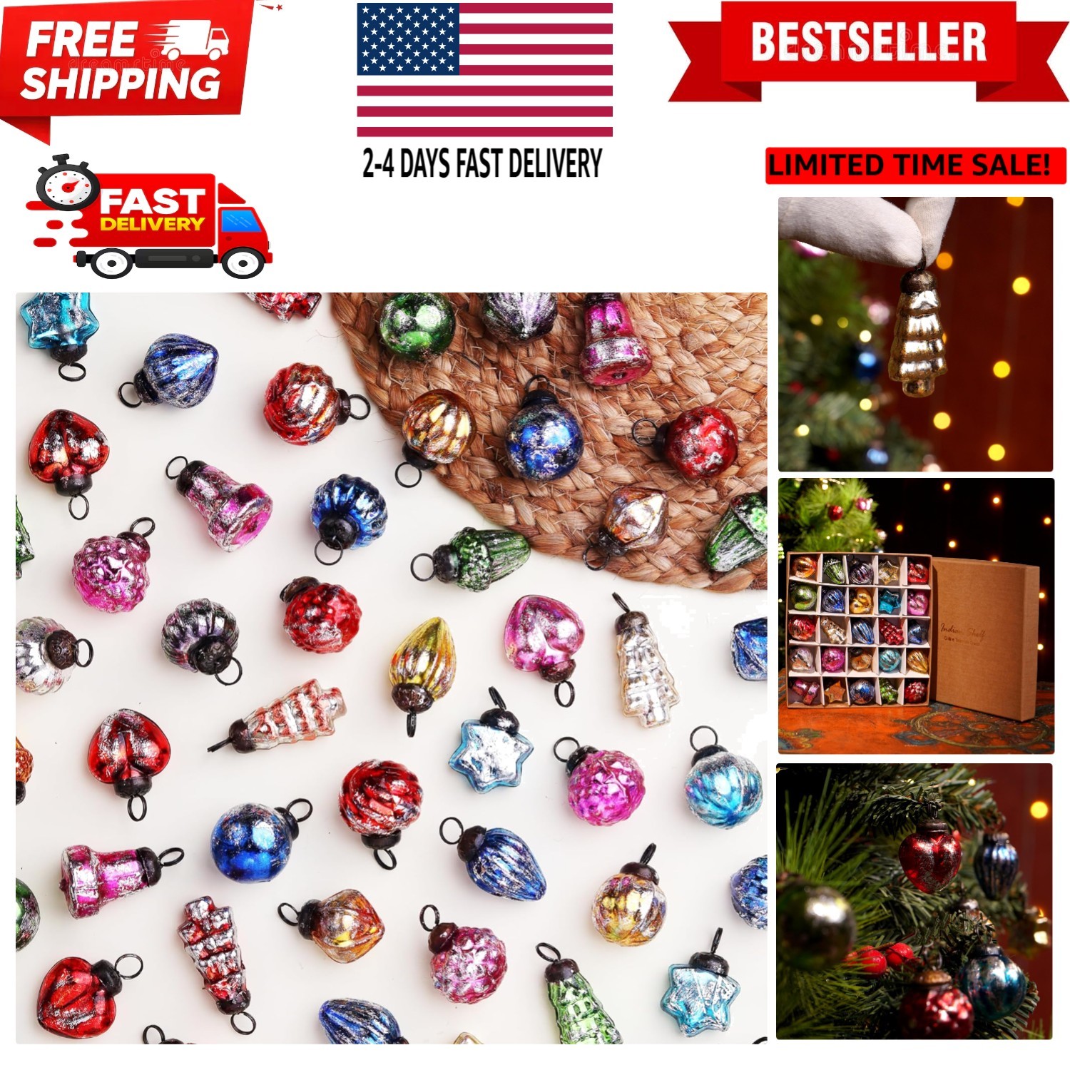 25 Piece Handcrafted Glass Vintage Ornaments with Gift Box- Vintage Christmas...