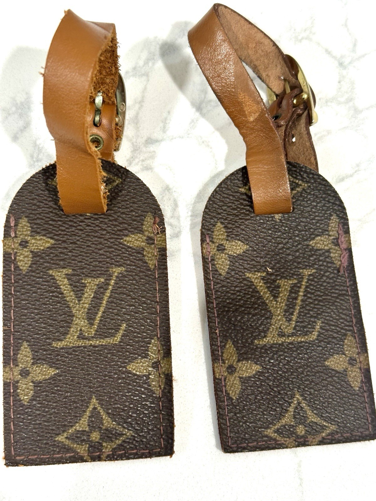 2 Vintage 80s Louis Vuitton Monogram Luggage Tags Leather Straps Brass Buckles!