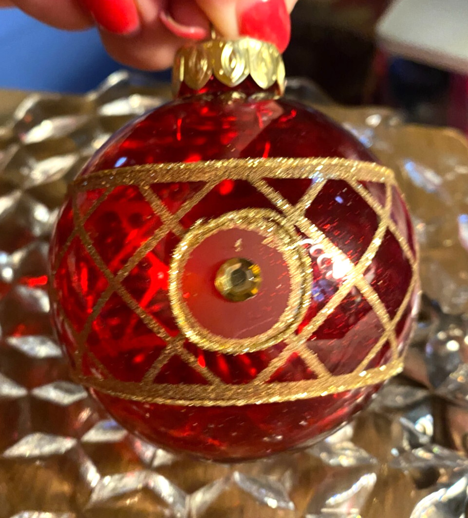 Red Clear Blown Glass Gold Glitter Design Rhinestone Christmas Ornament 3"