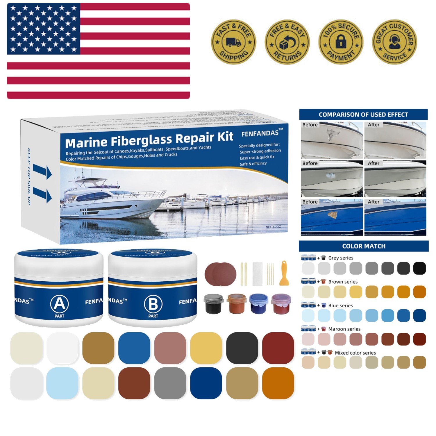 Fiberglass Boat Repair Kit Color Match, Gel Coat Repair Kit for Boats, for Bo...