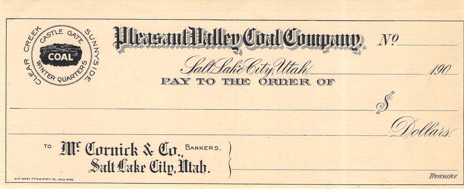 PLEASANT VALLEY COAL SUNNYSIDE SALT LAKE UTAH BANK CHECK DRAFT RECEIPT