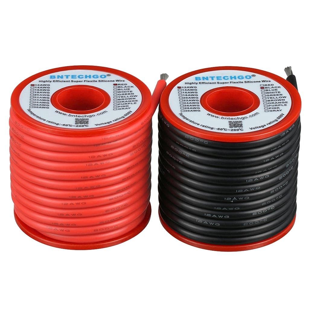 BNTECHGO 12 Gauge Silicone Wire Spool 25ft Red Black Flexible 12 AWG Stranded Ti