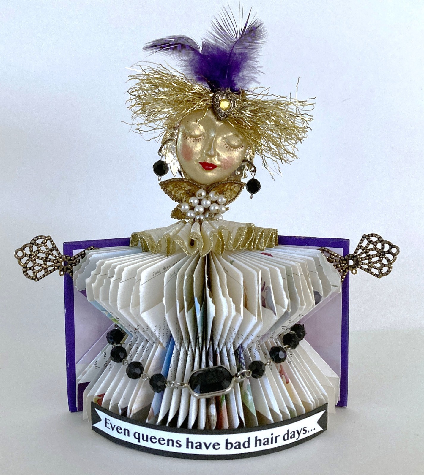 Altered Art Book Doll Messy Bad Hair Day Queen OOAK Handmade Signed Unique