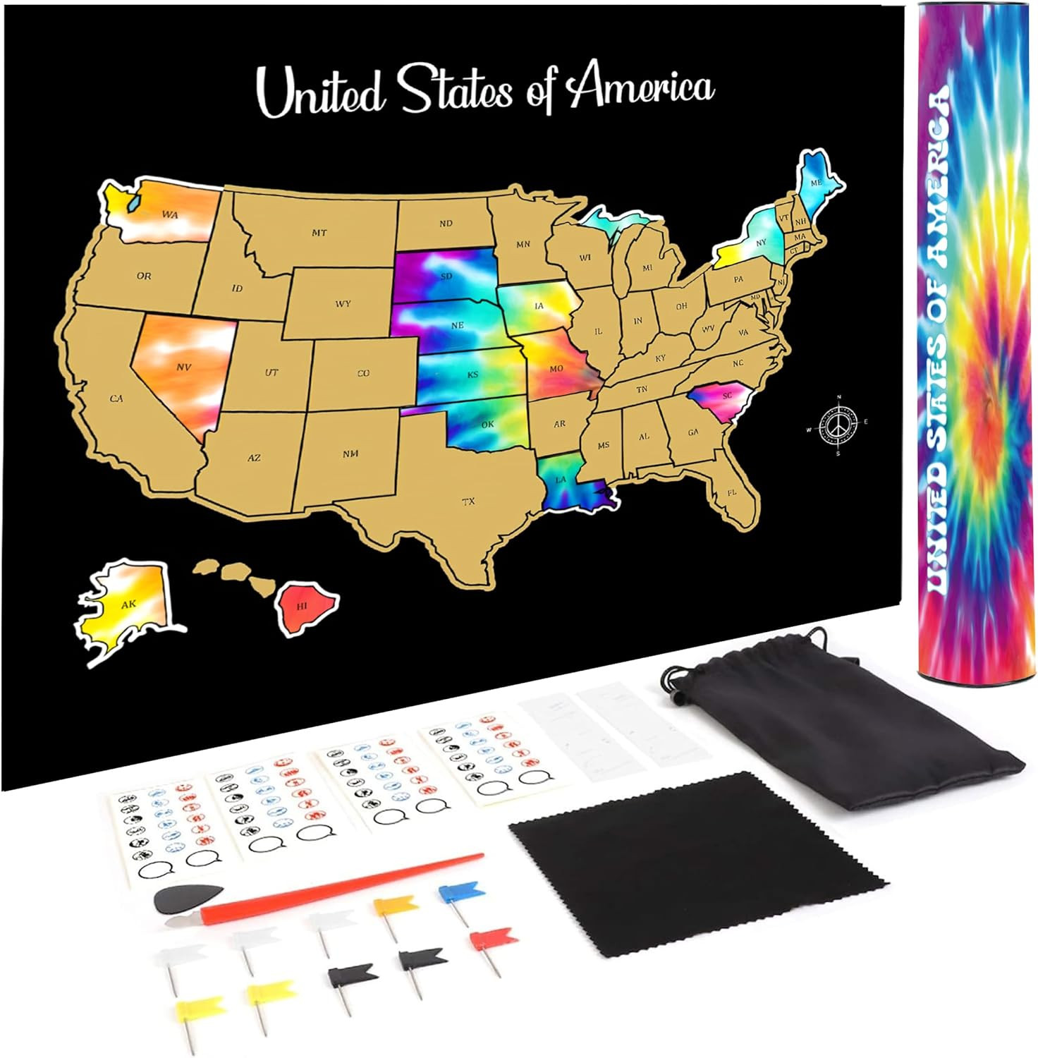 Scratch off United States Travel Map - Vibrant Tie Dye 50 Region Journey Tracker