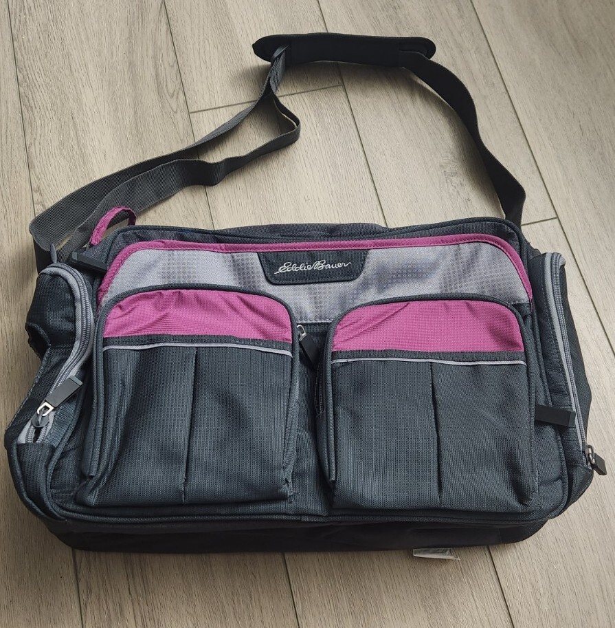 Eddie Bauer Baby Diaper Bag Pink Green Adjustable Strap Multi-Pocket Insulated