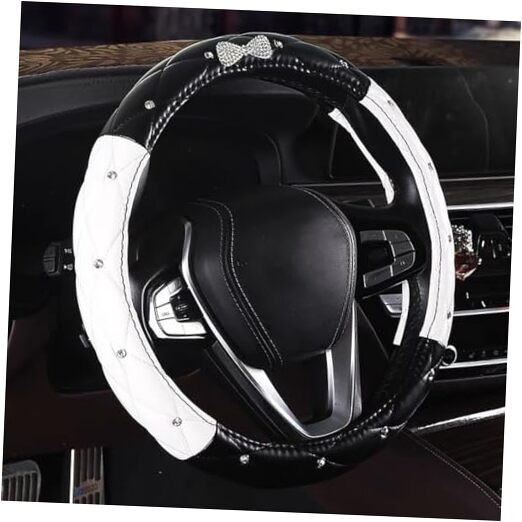 Leather Bling Steering Wheel Cover for Women Car Steering Black White with Bow