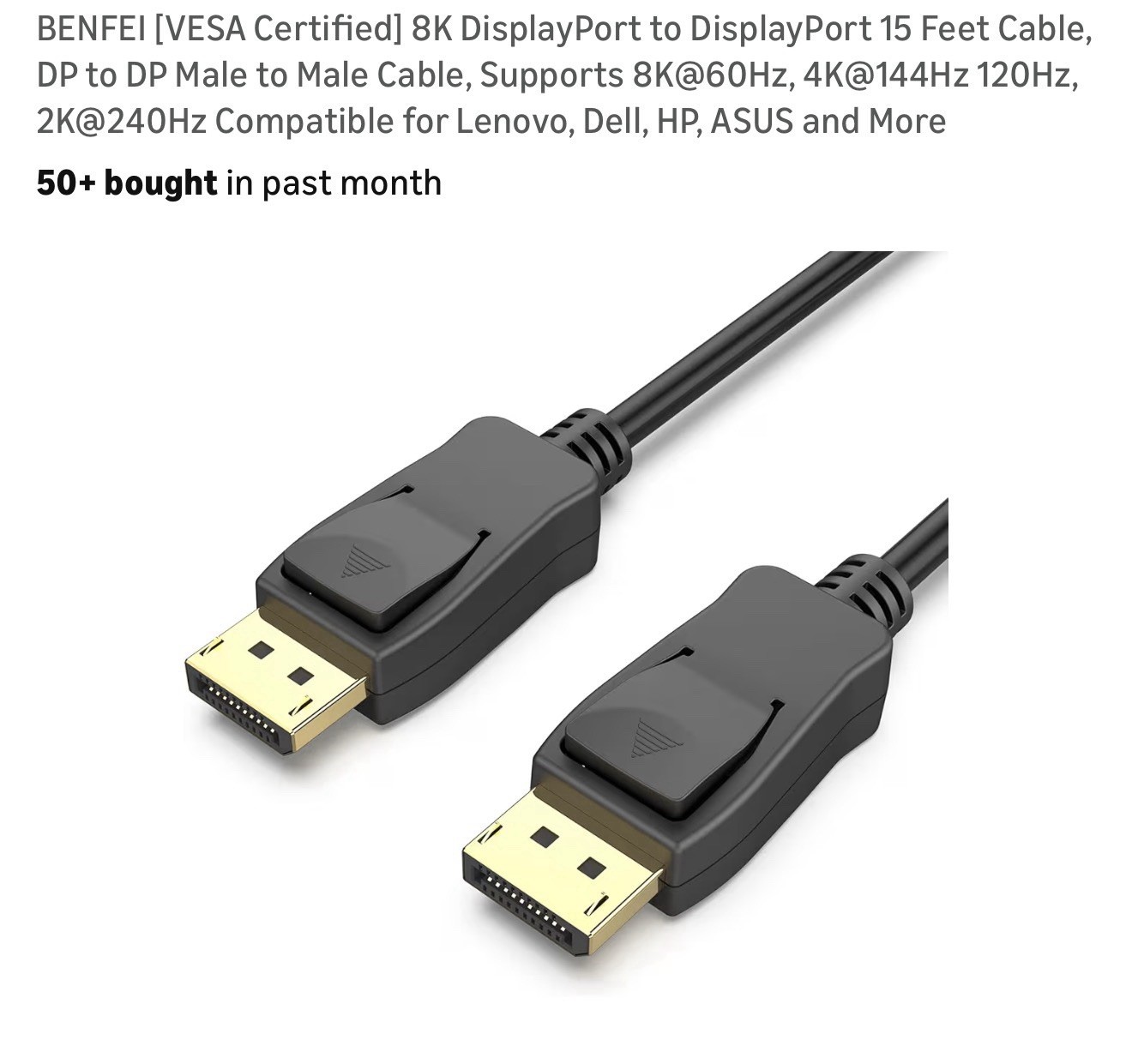 BENFEI DisplayPort Cable 15FT 8K DP to DP VESA Certified 4K 144Hz 240Hz