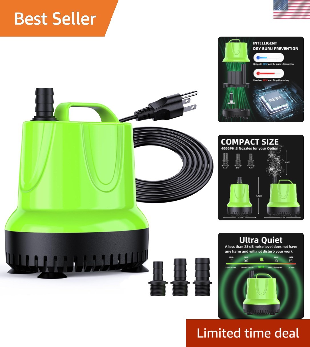 Versatile 330 GPH Submersible Pump with Detachable Outlet for Easy Maintenance