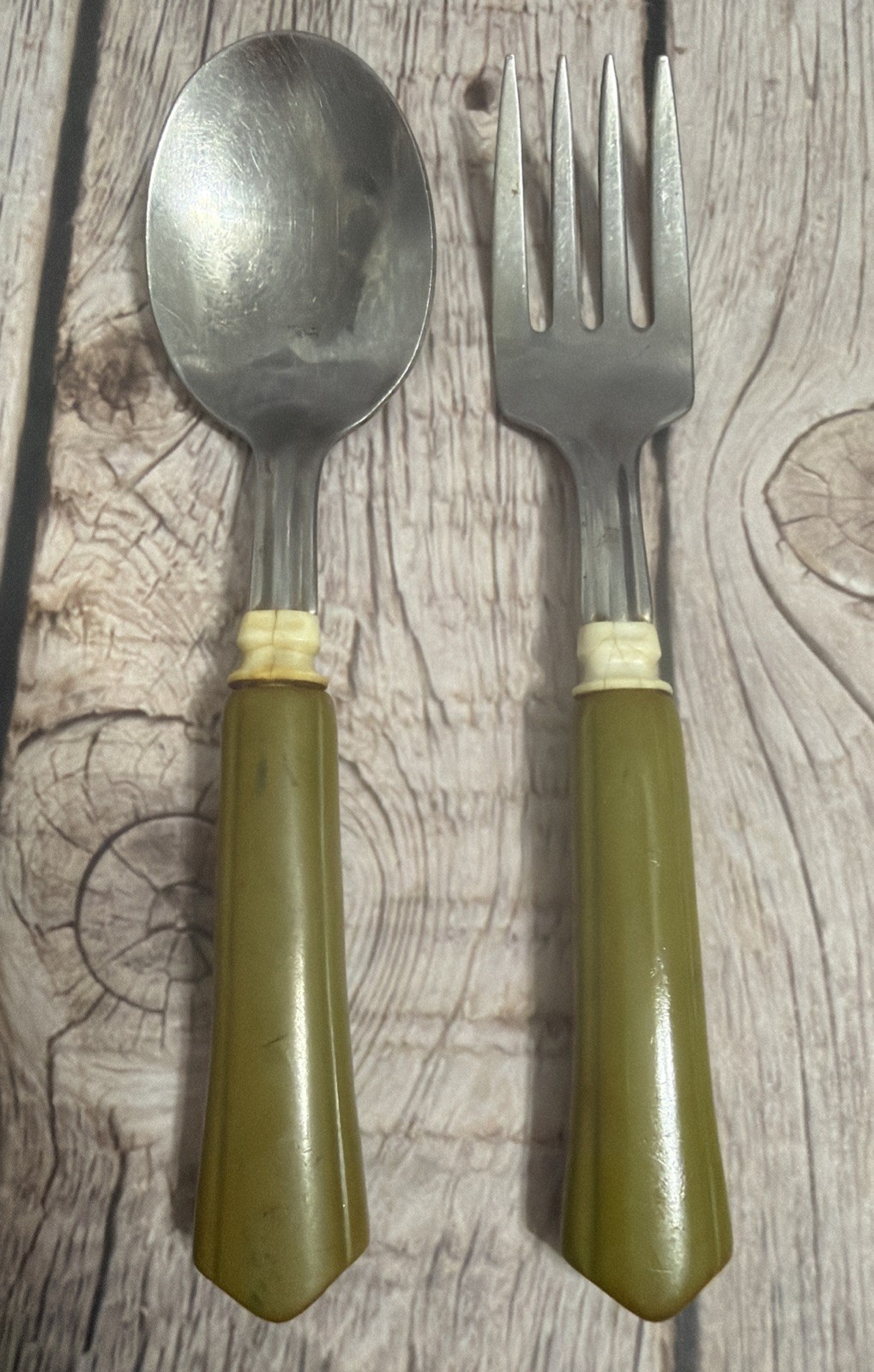 Vintage Bakelite Olive Green Children’s Spoon & Fork Set 5” Stainless Steel