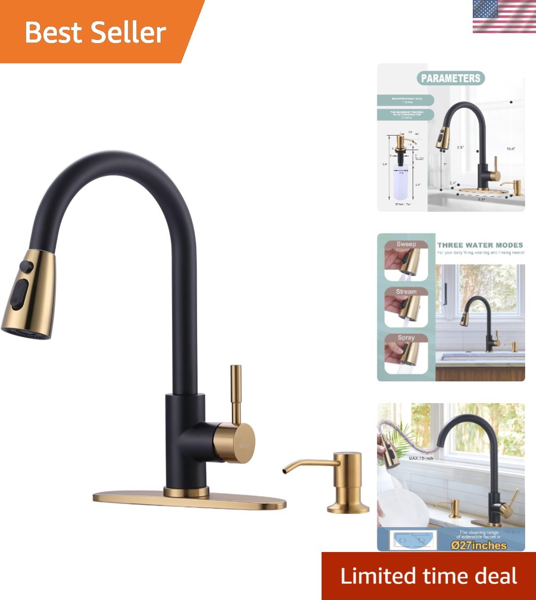 Black and Gold Kitchen Faucet with Soap Dispenser, WOWOW Stainless Steel Kitc...