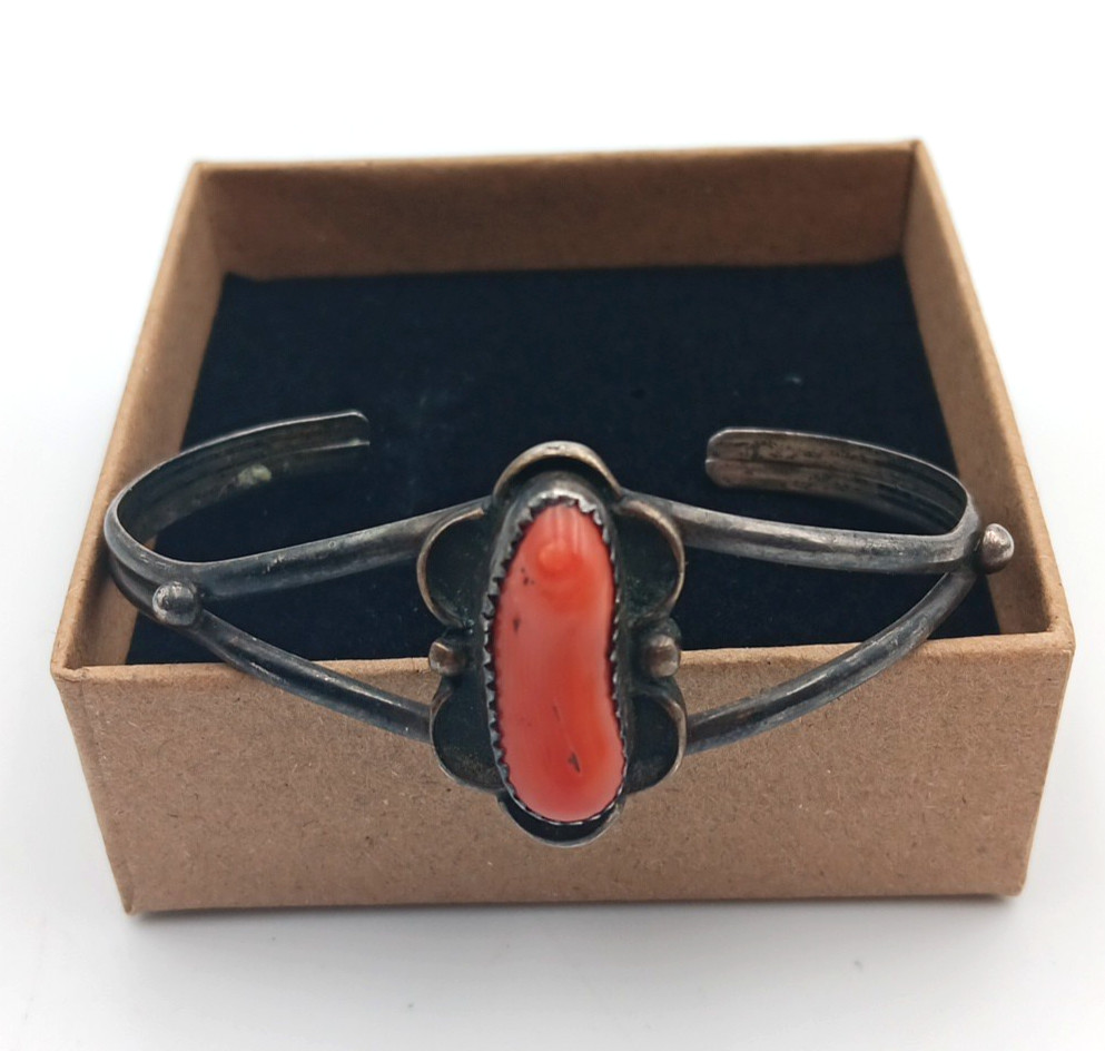 Vintage Native American Sterling Silver Coral Cuff Bracelet 6"
