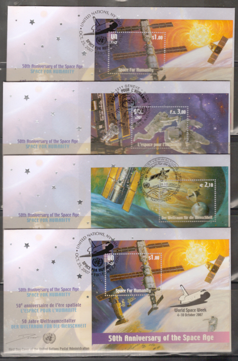 2007 FOUR  UN FDCs - all 3 Offices - 50th Anniv of Space Age Flight Sheets of 1