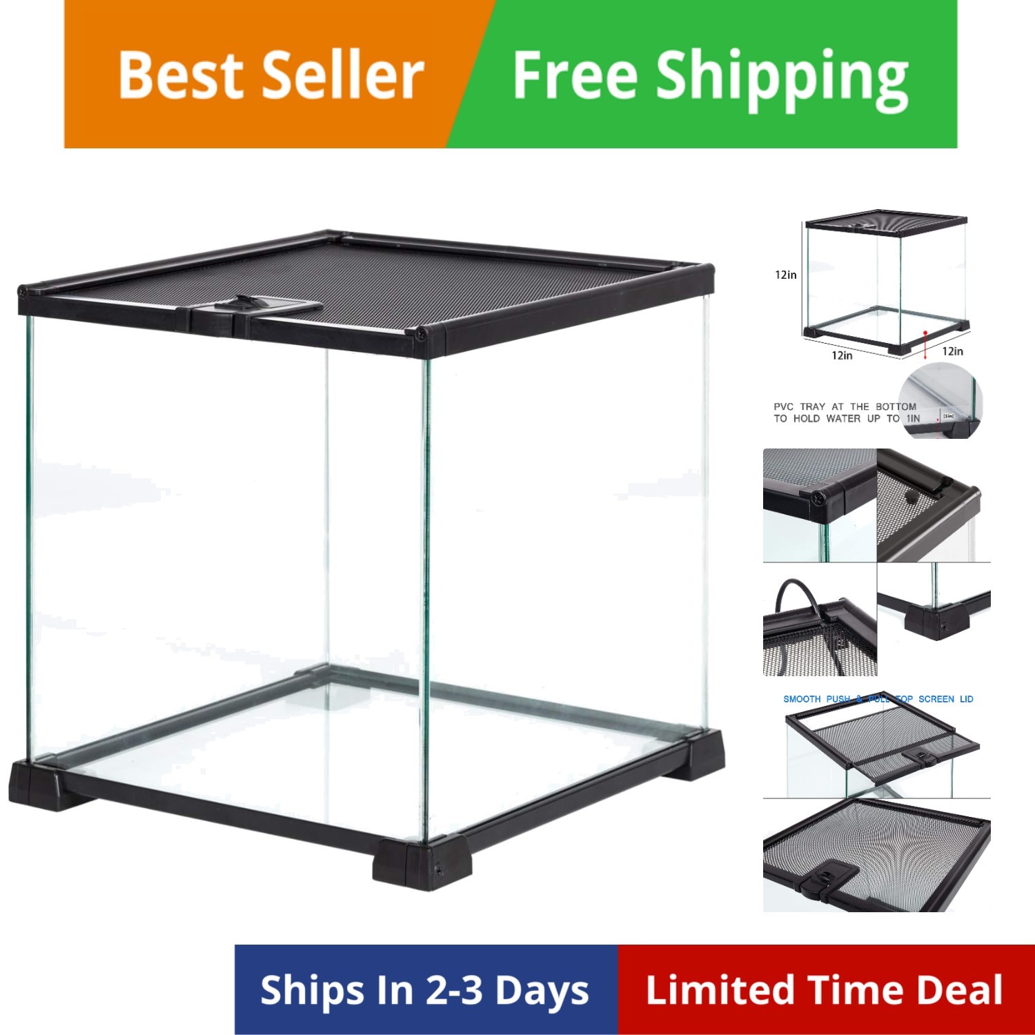 Small Glass Tank 8 Gallon, Top Opening Terrarium 12" x 12" x 12" Leopard Geck...