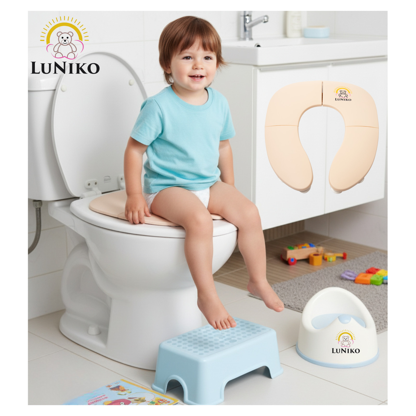 LuNiko Foldable Potty Training Toilet Seat Beige w/ Travel Bag & Reward Chart