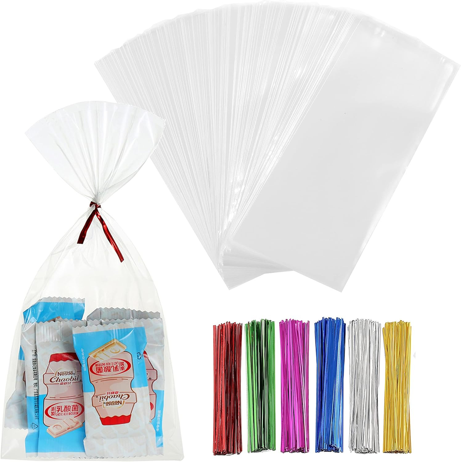 200 Pcs 4" x 9" Clear Thick Cello Treat Bags Flat Cellophane Bags With 6 Colors 