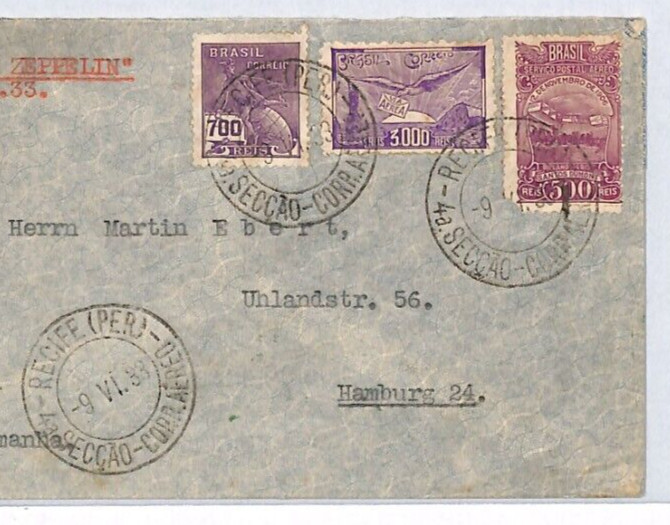 BRAZIL ZEPPELIN Air Mail Cover 1933 GREEN Friedrichshafen ARRIVAL Machine YV222