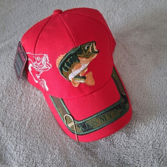 Bass Fishing Embroidered Kiss My Bass Strapback Hat Adult Adjustable Red NWT
