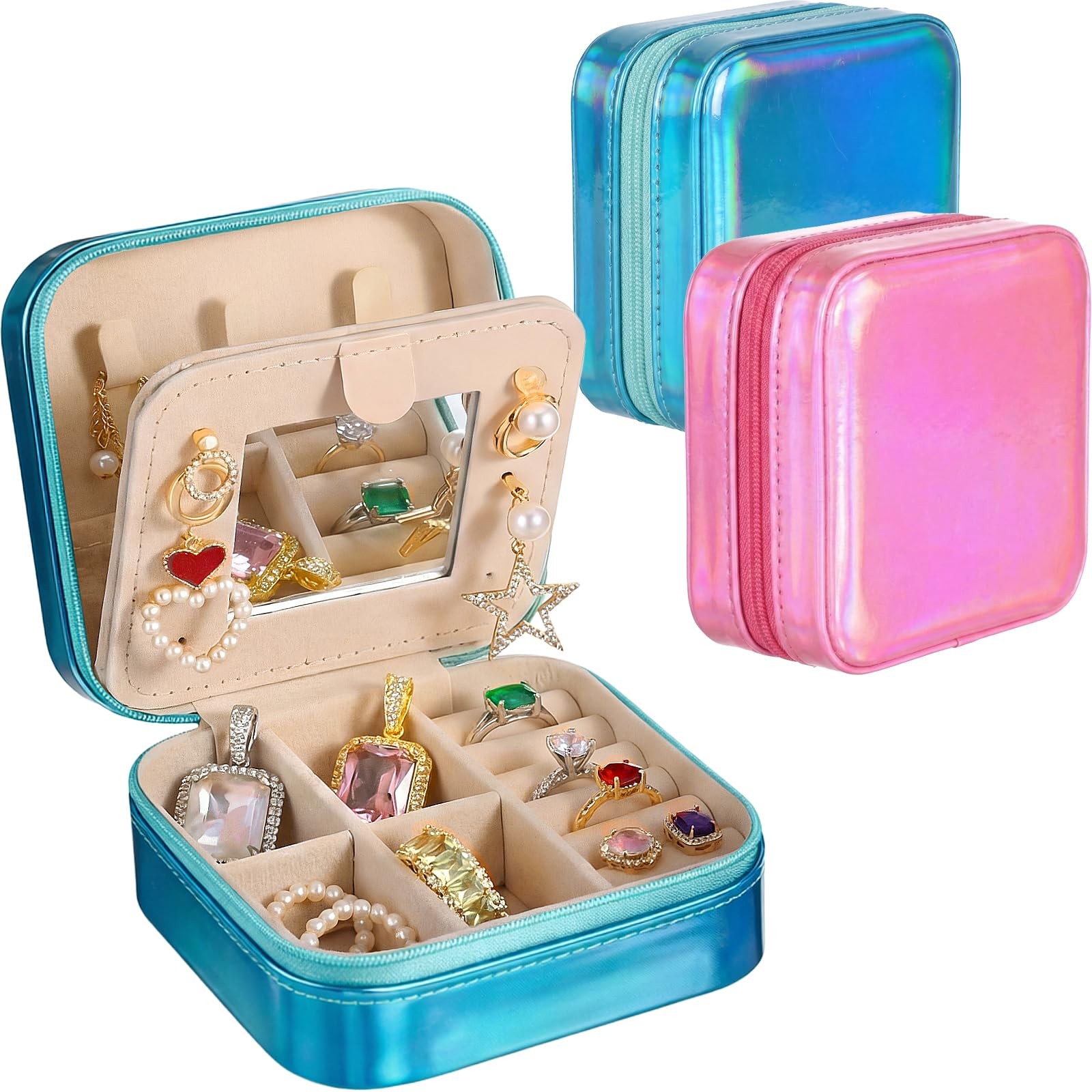 2 Pack Travel Jewelry Case with Mirror Small Laser Jewelry Box Organizer Gift...