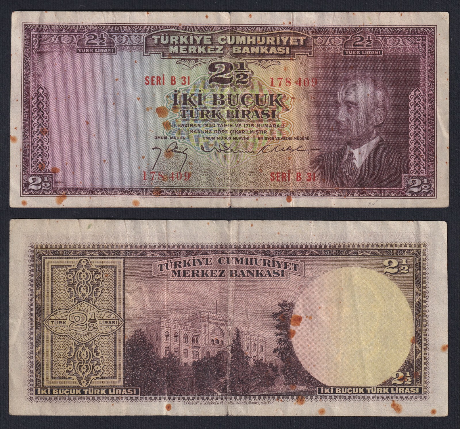 Turkey Banknote 2 1/2 Lira L.1930 (1947) P.-140 BB-/VF-