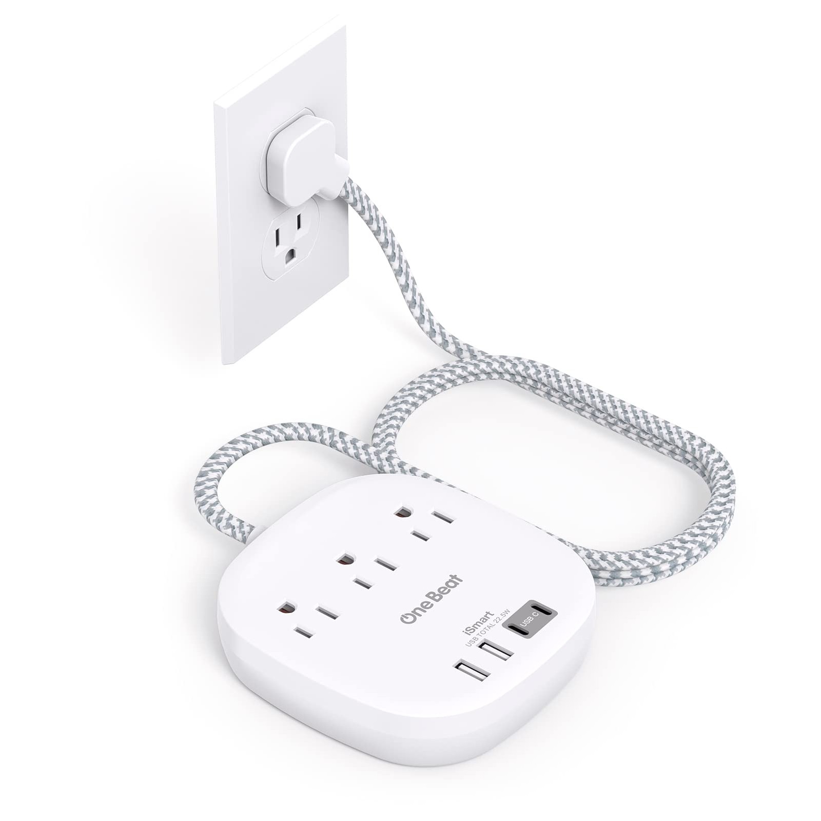One Beat Flat Plug Power Strip 6ft Extension Cord 3 Outlets 4 USB Ports - White
