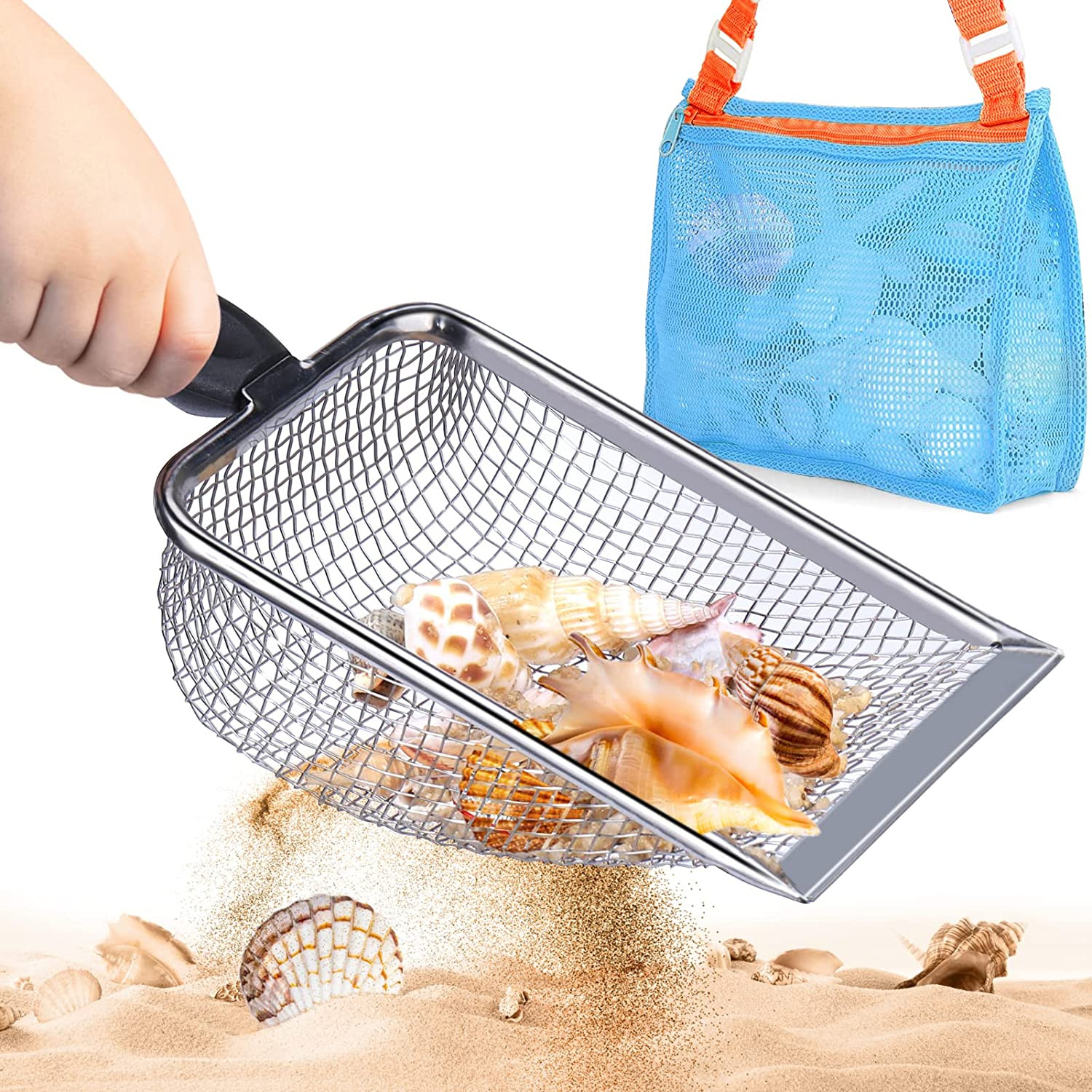 Beach Mesh Shovel with Mesh Beach Bag for Shell Collecting, Kids Filter Sand Sco