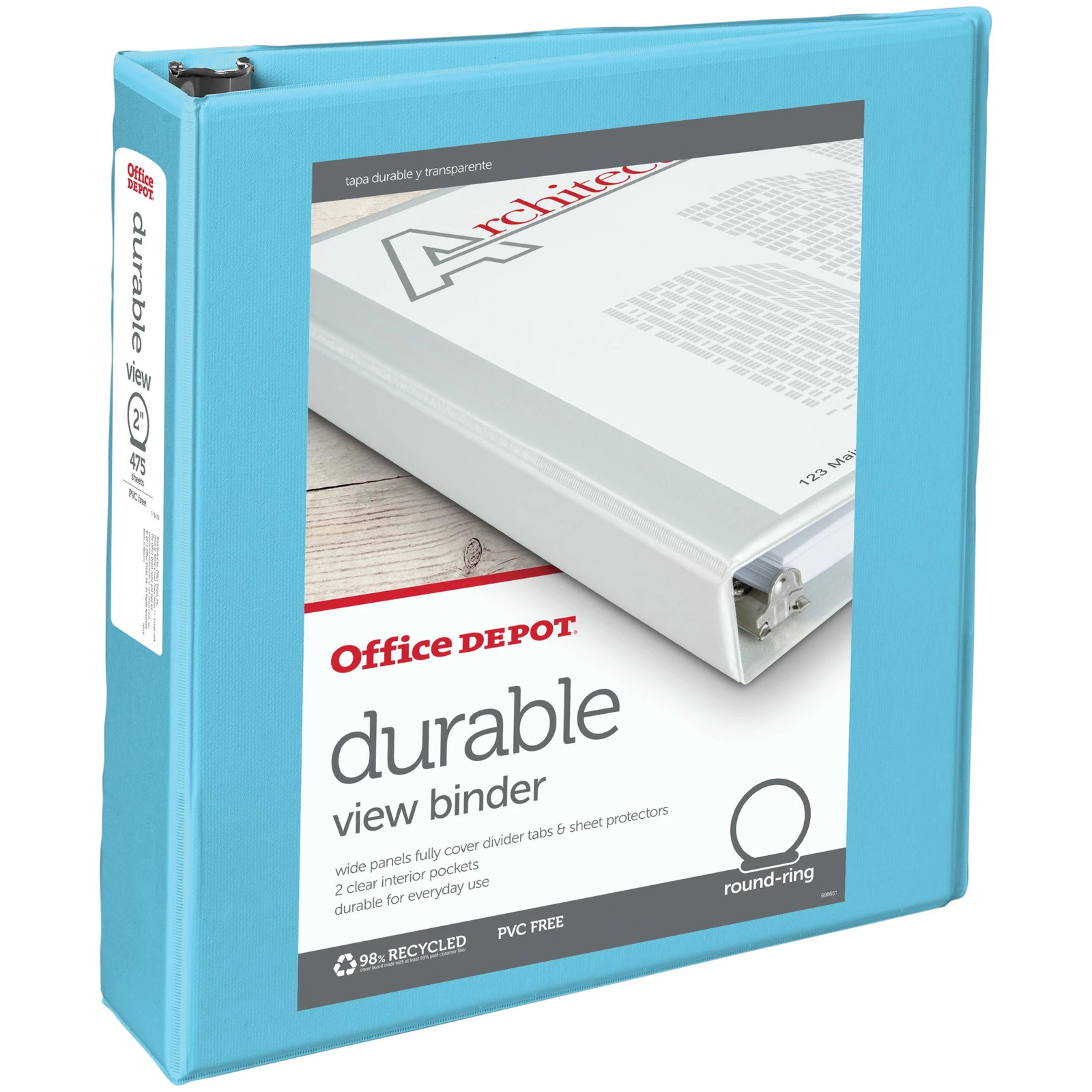 Office Depot Brand Durable View 2" Round-Ring Binder, Jeweler Blue
