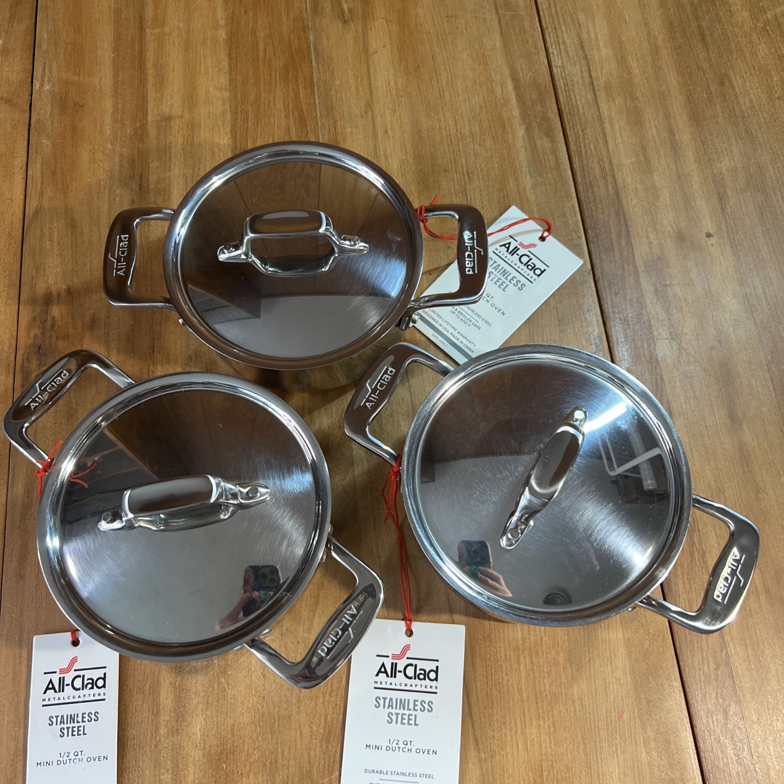 NWT All-Clad Stainless Steel Mini Dutch Oven Cocotte Pot 1/2 qrt w Lid,Set Of 3