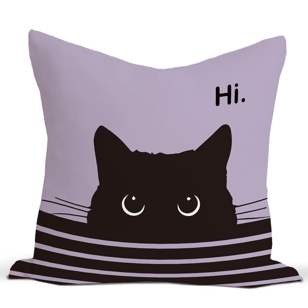  Funny Black Cat Decor Pillow Covers 18×18, Cute Animal Decorative Purple