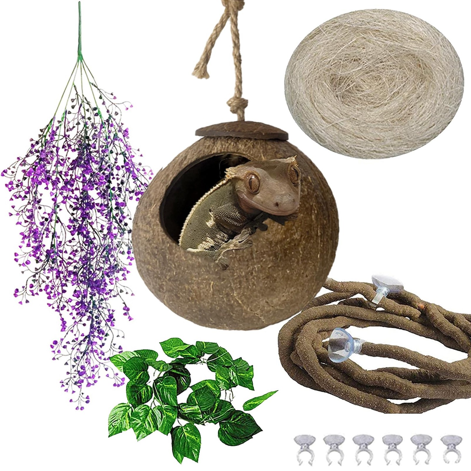 4 PCS Crested Gecko Coconut Hide Natural Lizard Coco Hut Reptile Hanging Nest...