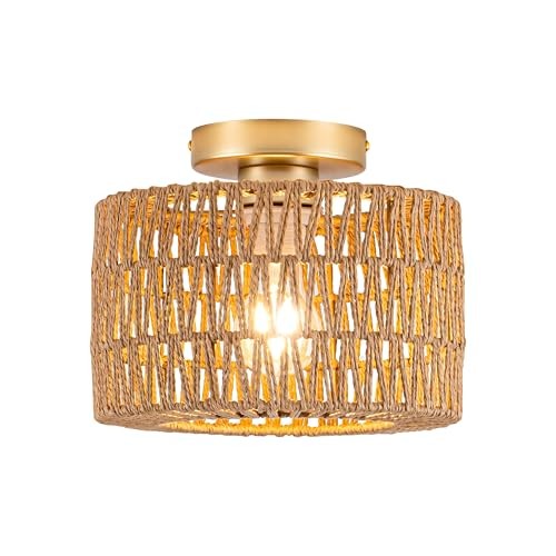 Rattan Ceiling Light, 1 Light Bohemian Modern Woven Flush Mount 1-Light Gold