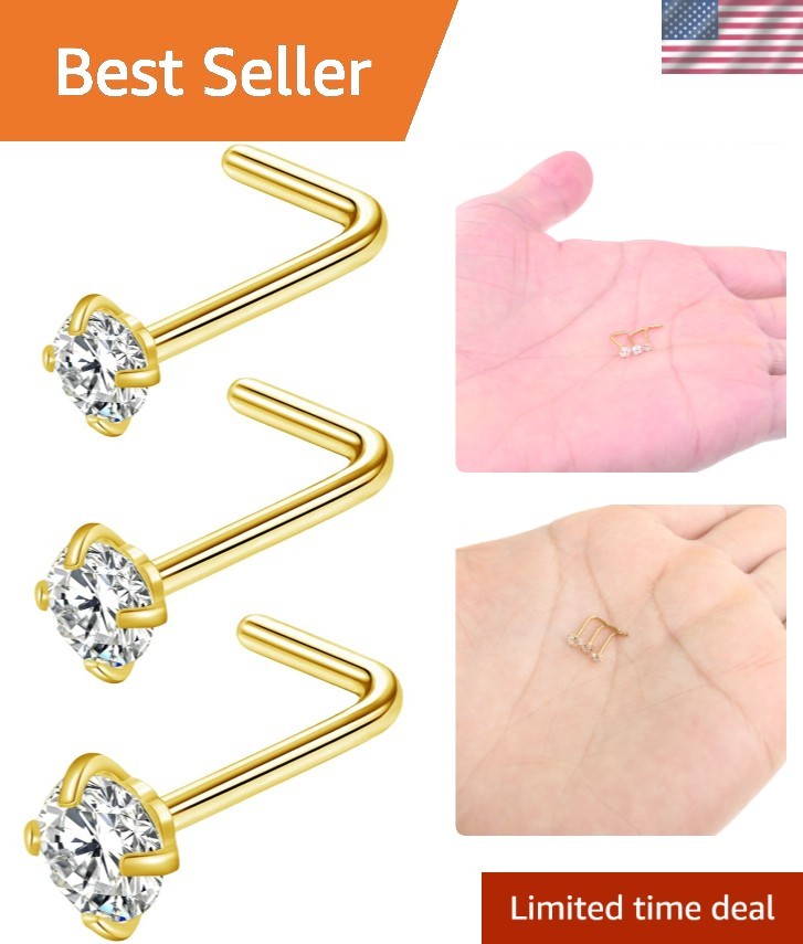 Zifoan 3 Pcs Stainless Steel Nose Rings Studs 20 Gauge L Shaped Curved Nose P...