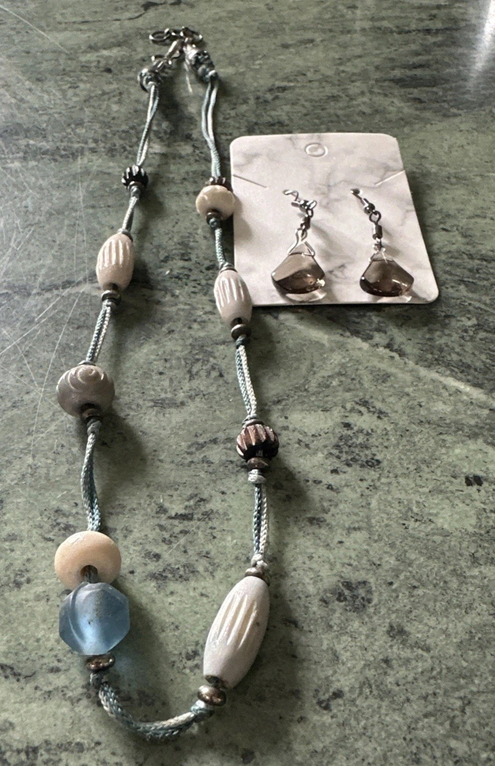 Blue Ocean Beaded Necklace & Earrings Quartz Glass Smoke Silver Dangles Lot of 2