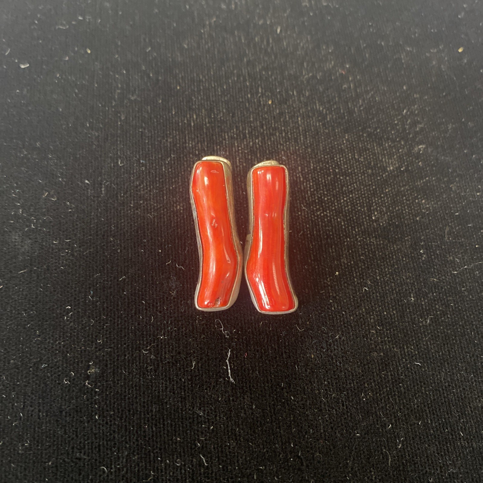 Rough Cut Red Coral Earrings With Sterling Silver Postback Signed