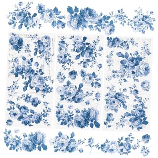  Blue Flowers Decals Rub On Transfer Stickers, 3 Sheets Blue Flowers Theme