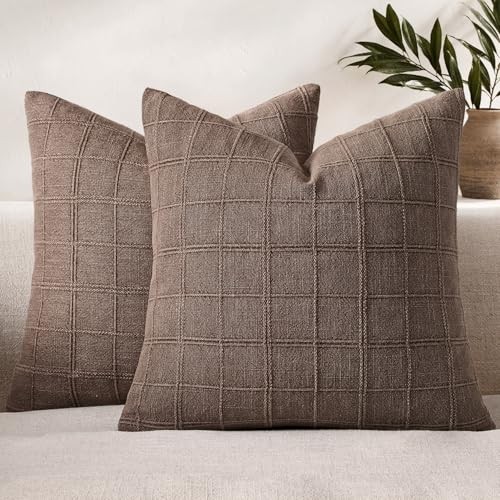  Linen Check Throw Pillow Covers Farmhouse Modern 24" x 24" (Pack of 2) Brown