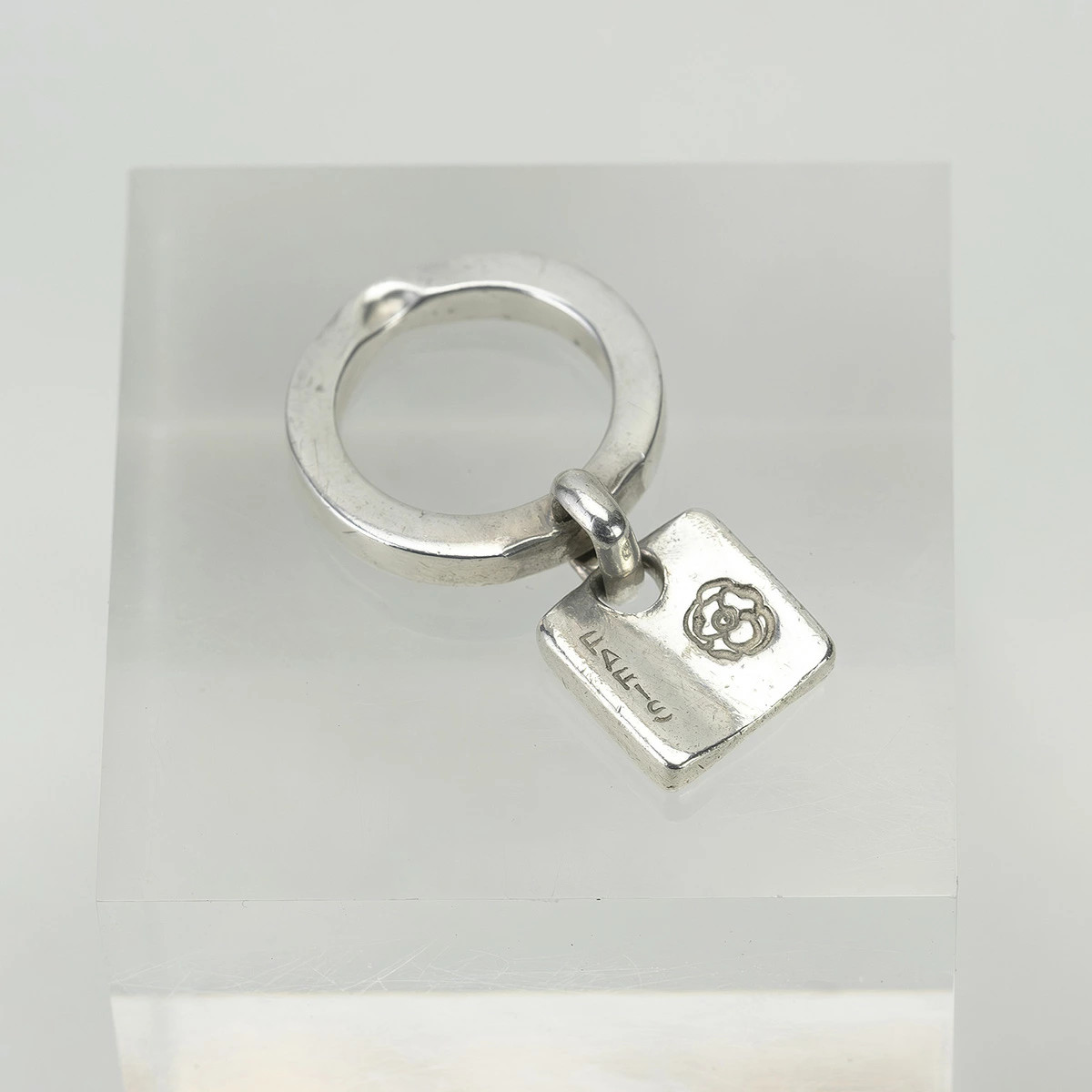 CHANEL Coco Mark Square Charm Costume Jewelry Metal Silver Color Vintage Necklac