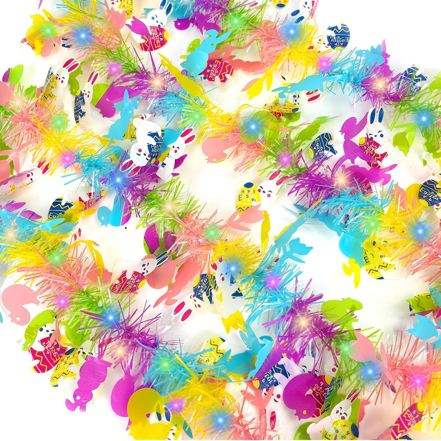 33Ft  with Lights, Colorful Bunny Egg Chick Tinsel Spring Decor, Hanging Easter 