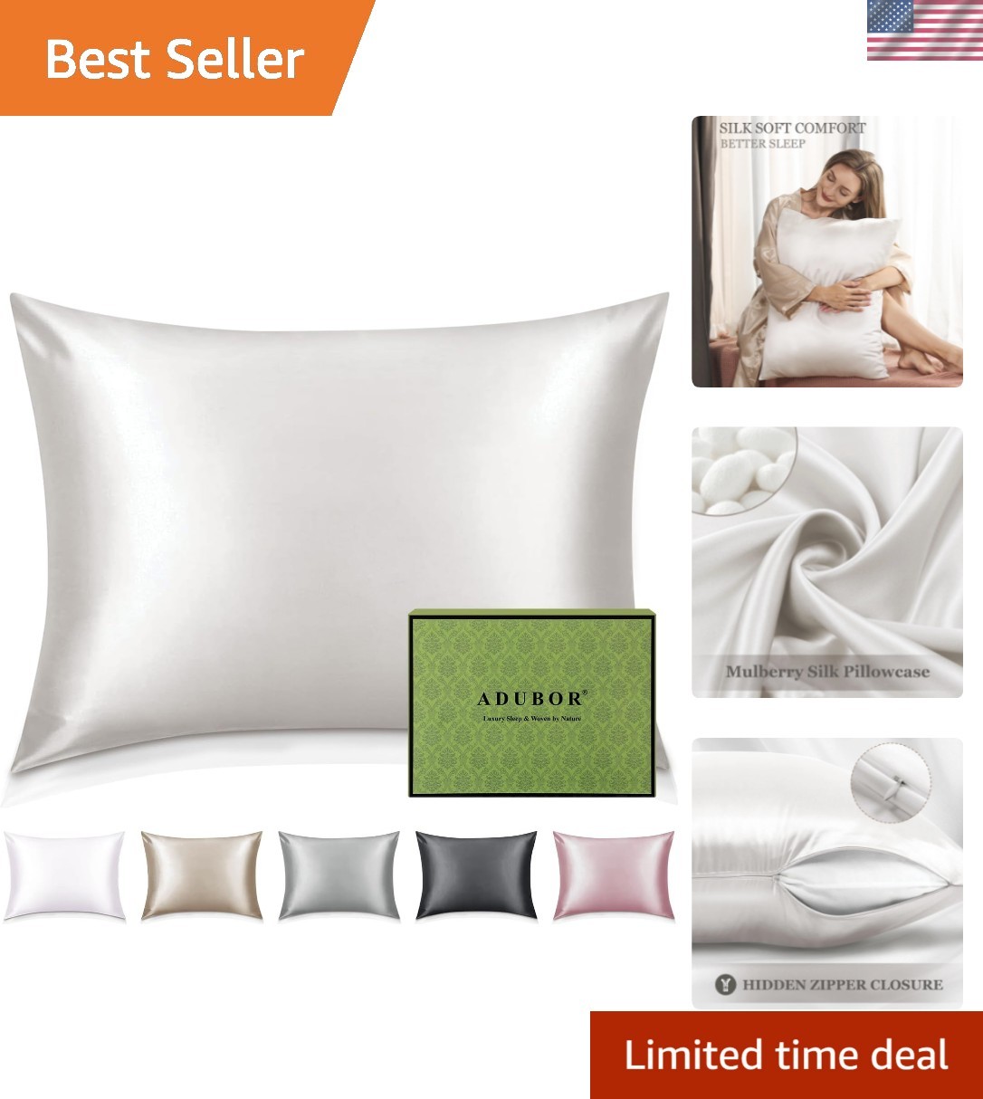 100% Silk Pillowcase - Mulberry Silk Pillow Cases, 23 Momme 6A Grade Fibers, ...