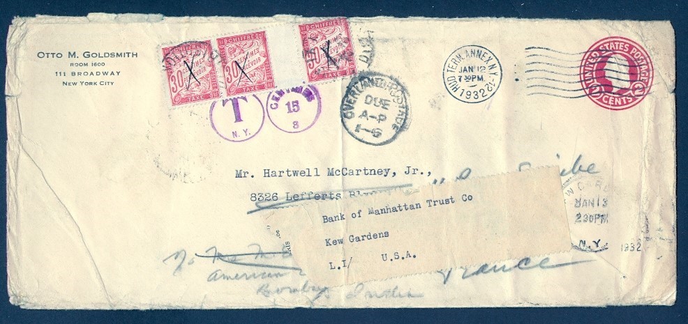 USA 2c WASH 1932 ENVELOPE TO FRANCE REDIRECT TO INDIA RETURNED w/DUES