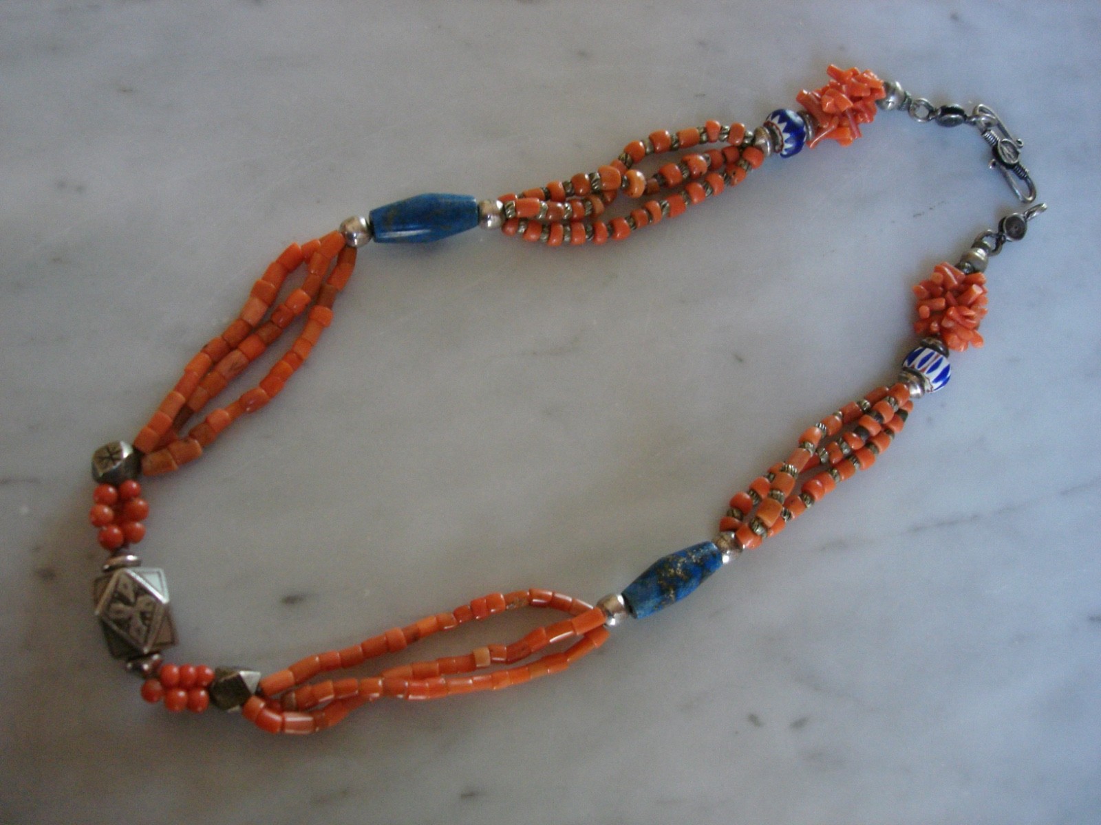 Vintage Berber Old Moroccan Natural Coral & Silver Bead Necklace