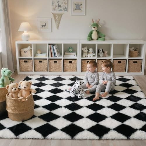  Checkered Rug 5x7 Area Rugs for Kids Bedroom Soft Shag Rug Fluffy Fuzzy 